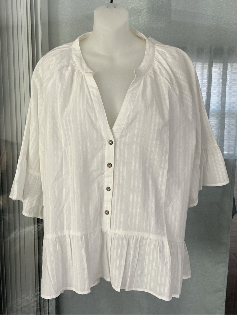 Kaktus Womens 3/4 Sleeve Henley Ruffle Top